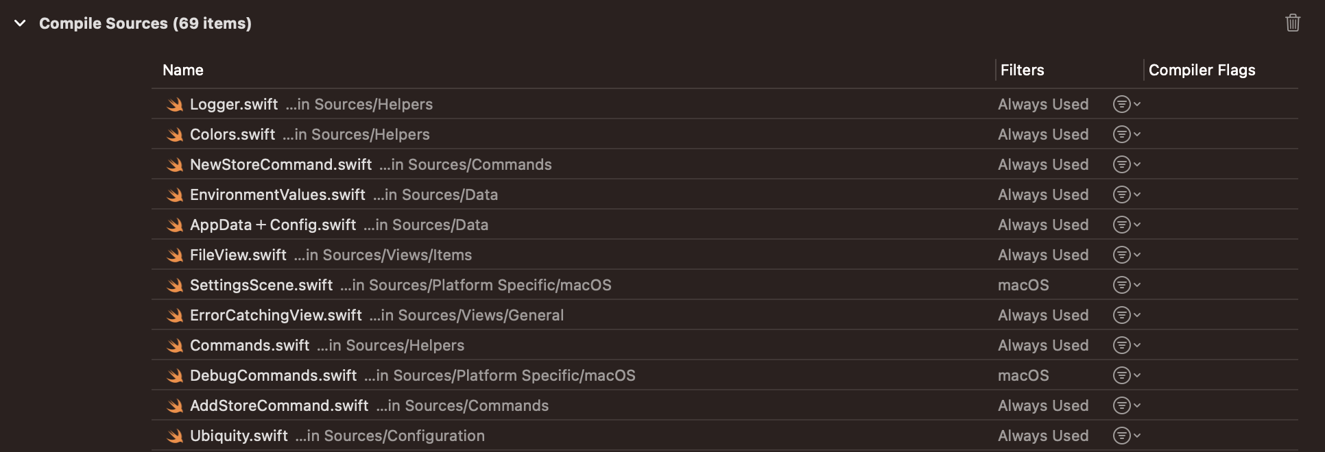 Compile Sources build phase of an Xcode target showing files unsorted.